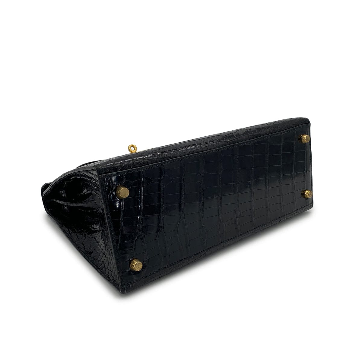 PURPOSE HERMES KELLY 28 BLACK POROSUS CROCODILE HAND SHOULDER BAG 1993 CIRCLE W GOLD HARDWARE 90321000