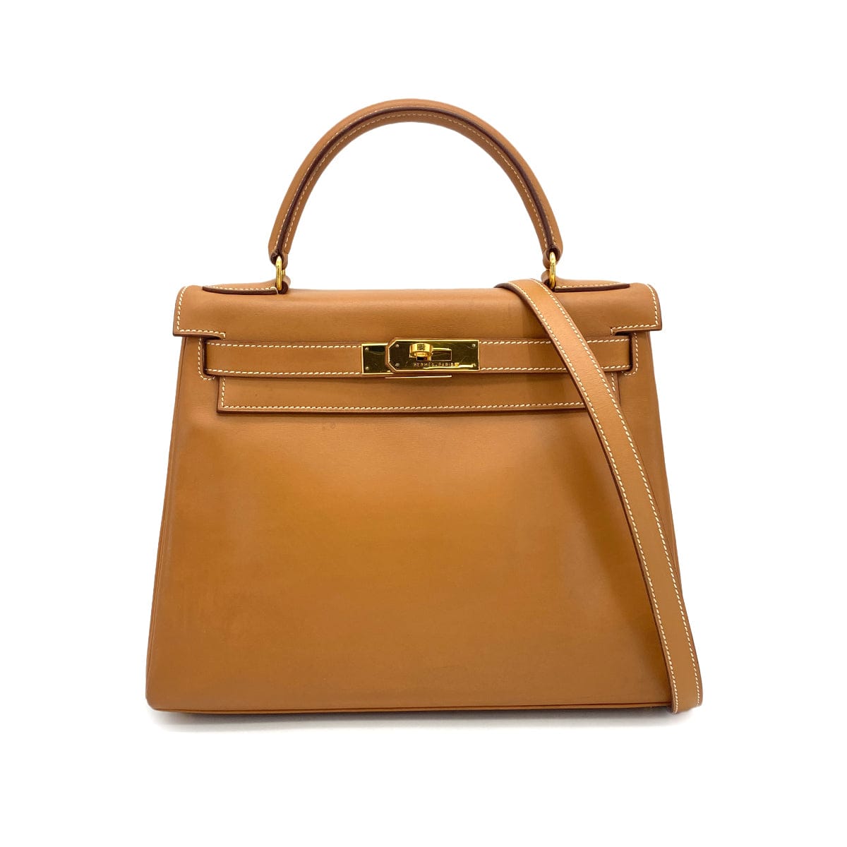 PURPOSE HERMES KELLY 28 RETOURNE NATUREL BOXCALF HAND SHOULDER BAG 1994 CIRCLE X GOLD HARDWARE 90324283