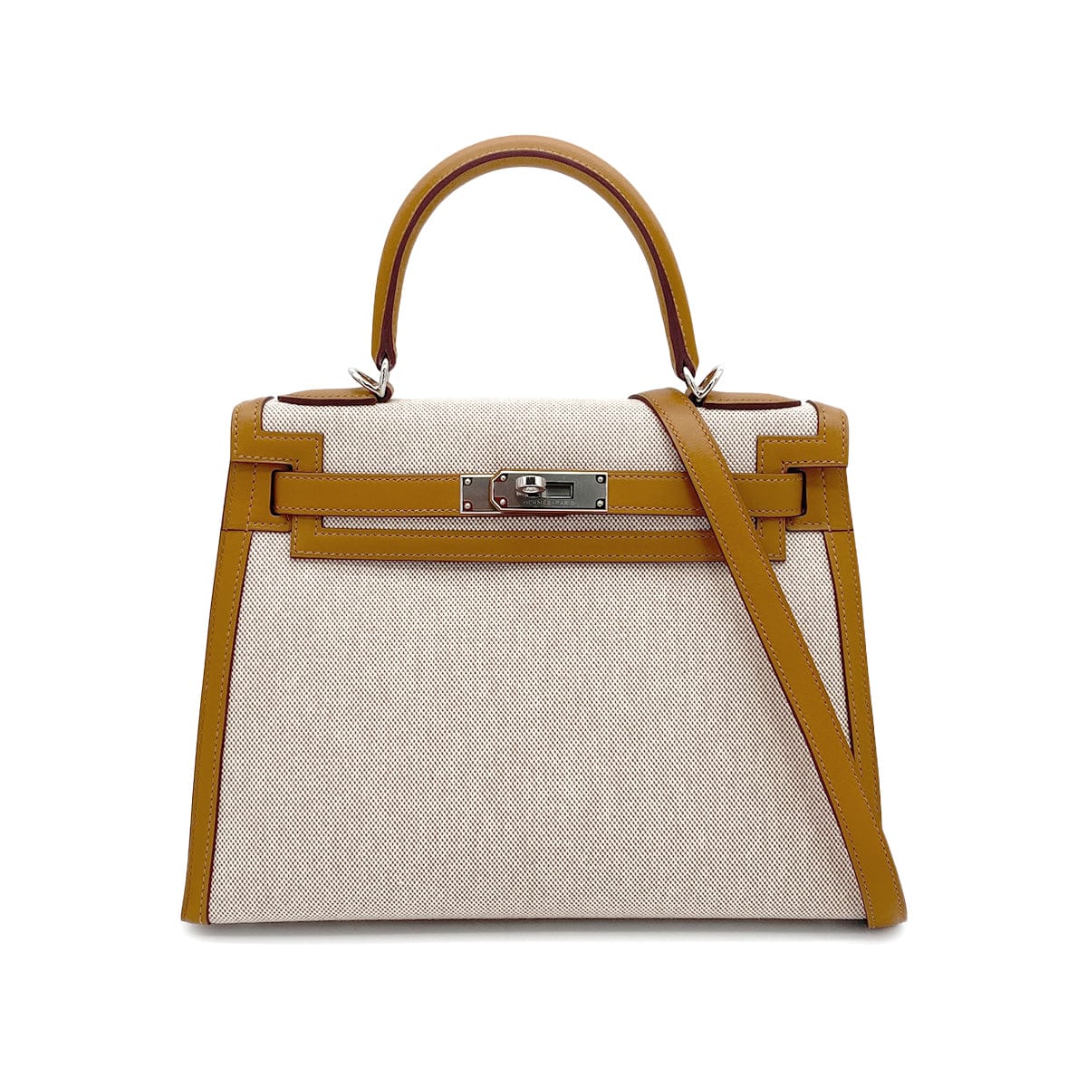 PURPOSE HERMES KELLY 28 SELLIER BISCUIT TOILE H VEAU SWIFT HAND SHOULDER BAG 2021 Z STAMP PALLADIUM HARDWARE 90327051