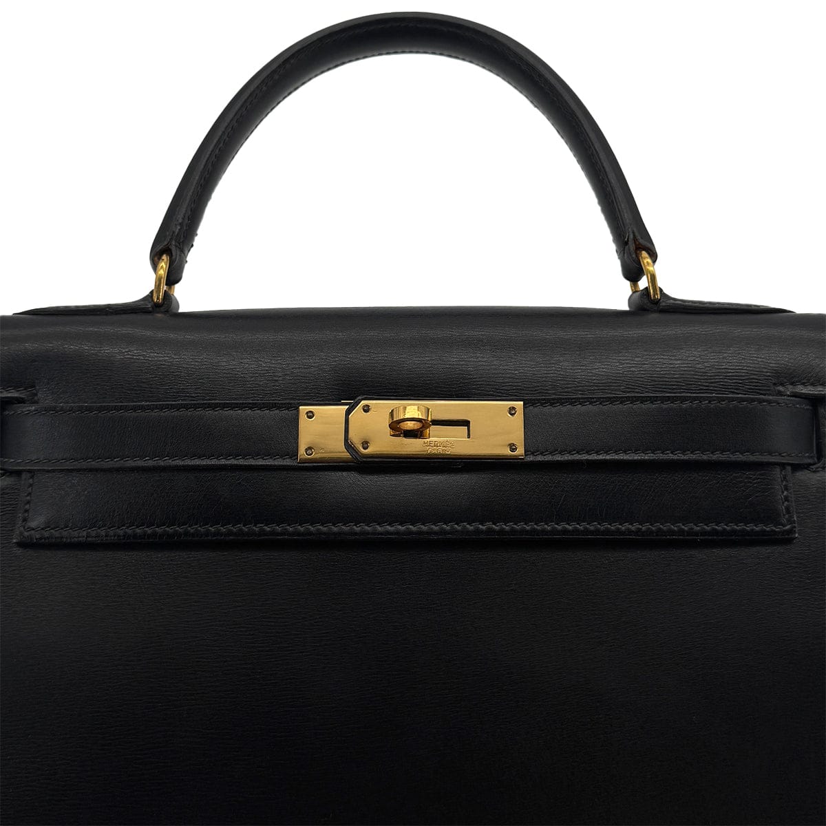 PURPOSE HERMES KELLY 28 SELLIER BLACK BOXCALF HAND BAG 1974 CIRCLE D GOLD HARDWRE 90312613
