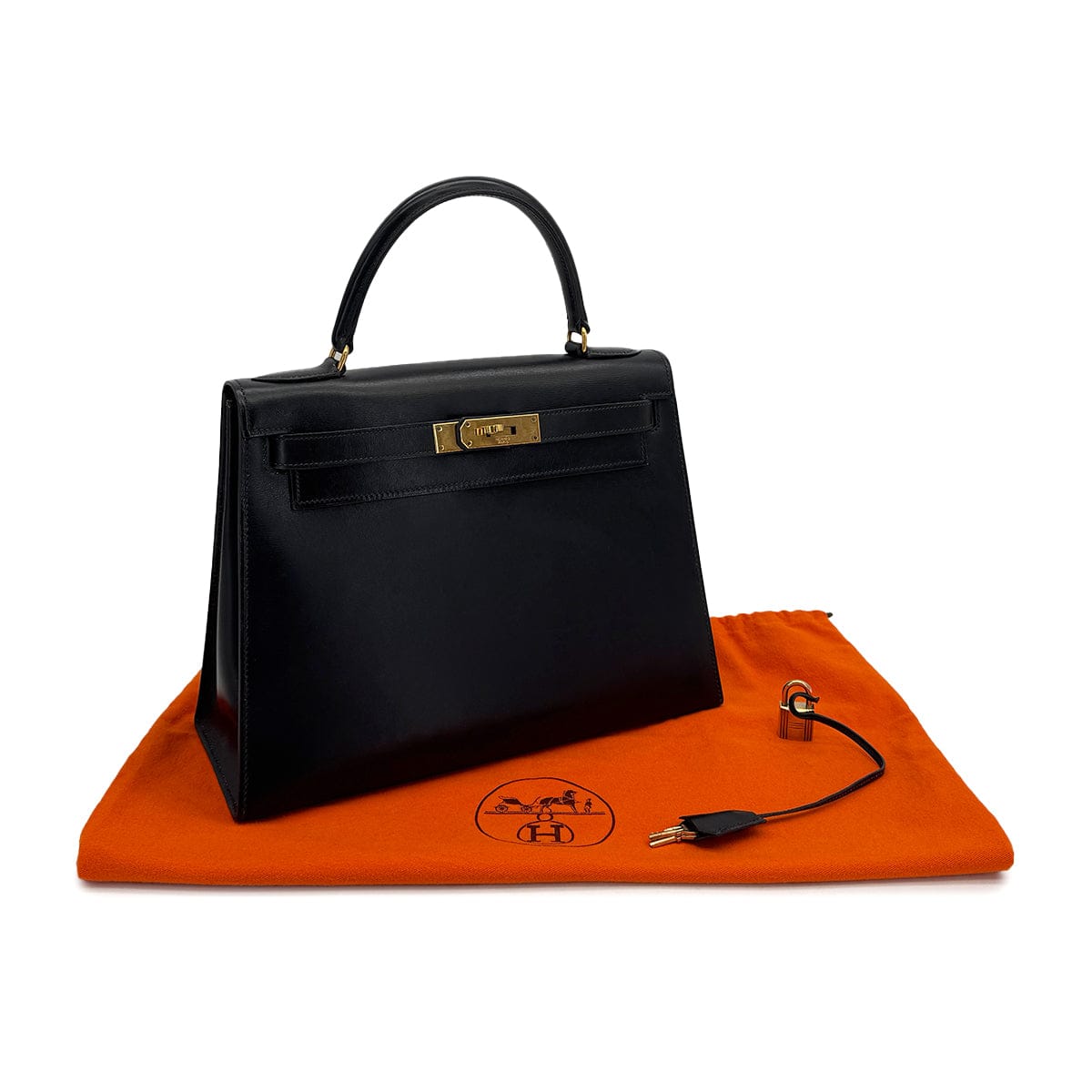PURPOSE HERMES KELLY 28 SELLIER BLACK BOXCALF HAND BAG 1974 CIRCLE D GOLD HARDWRE 90312613