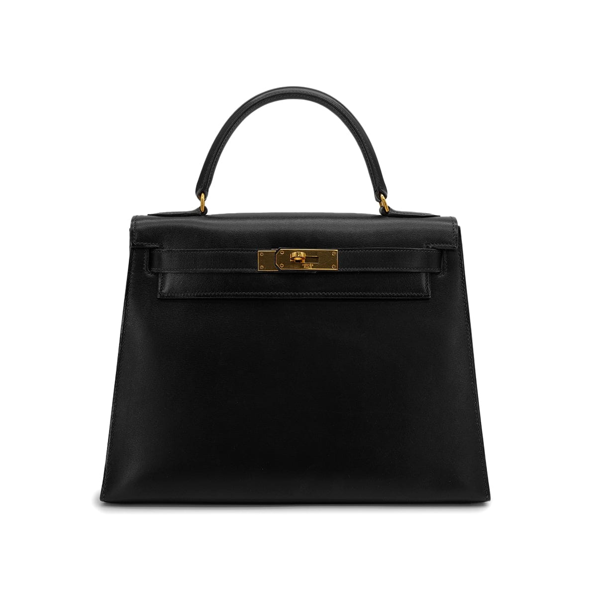 PURPOSE HERMES KELLY 28 SELLIER BLACK BOXCALF HAND BAG 1974 CIRCLE D GOLD HARDWRE 90312613