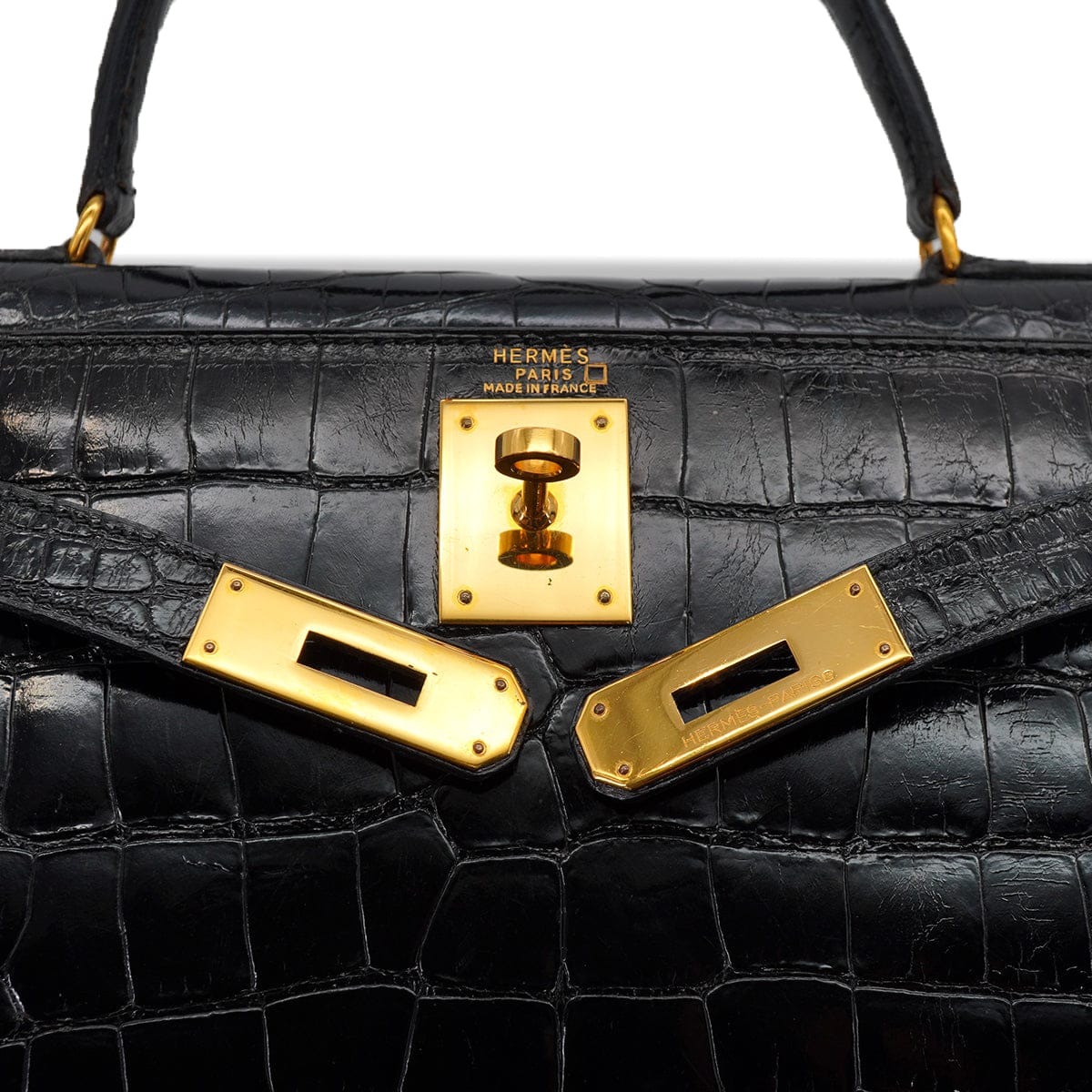 PURPOSE HERMES KELLY 28 SELLIER BLACK CROCODILE ALLIGATOR HAND SHOULDER BAG 1988 CIRCLE R GOLD HARDWARE 90327058