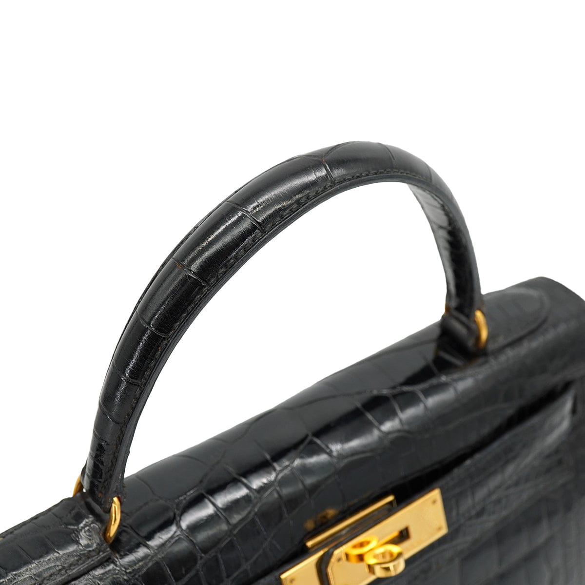 PURPOSE HERMES KELLY 28 SELLIER BLACK CROCODILE ALLIGATOR HAND SHOULDER BAG 1988 CIRCLE R GOLD HARDWARE 90327058