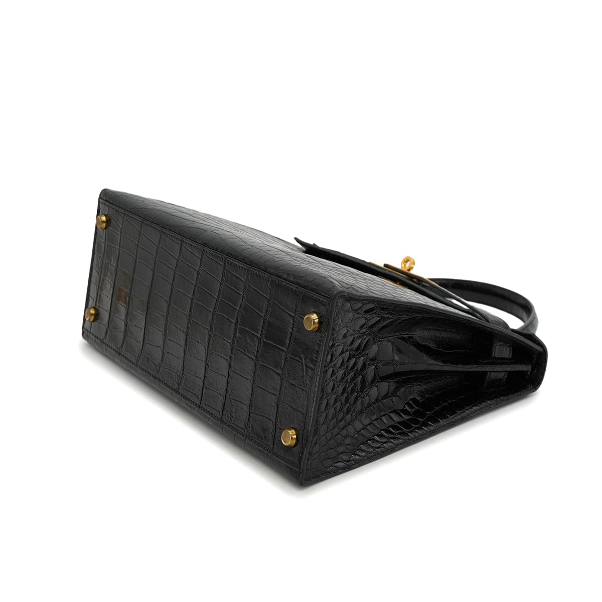 PURPOSE HERMES KELLY 28 SELLIER BLACK CROCODILE ALLIGATOR HAND SHOULDER BAG 1988 CIRCLE R GOLD HARDWARE 90327058