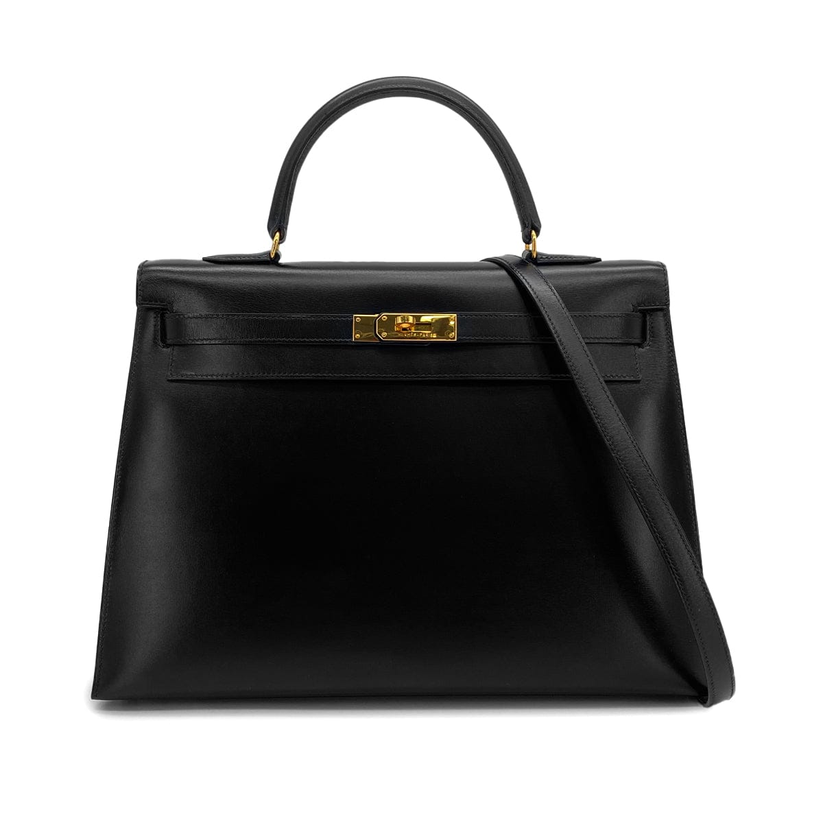 PURPOSE HERMES KELLY 35 SELLIER BLACK BOXCALF HAND SHOULDER BAG 1992 CIRCLE V GOLD HARDWARE 90326188