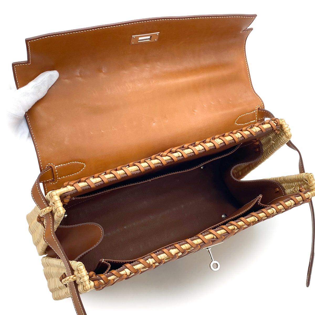 PURPOSE HERMES KELLY PICNIC 35 FAUVE VEAU BARENIA RATTAN HAND BAG 2011 SQUARE O PALLADIUM HARDWARE 90325643