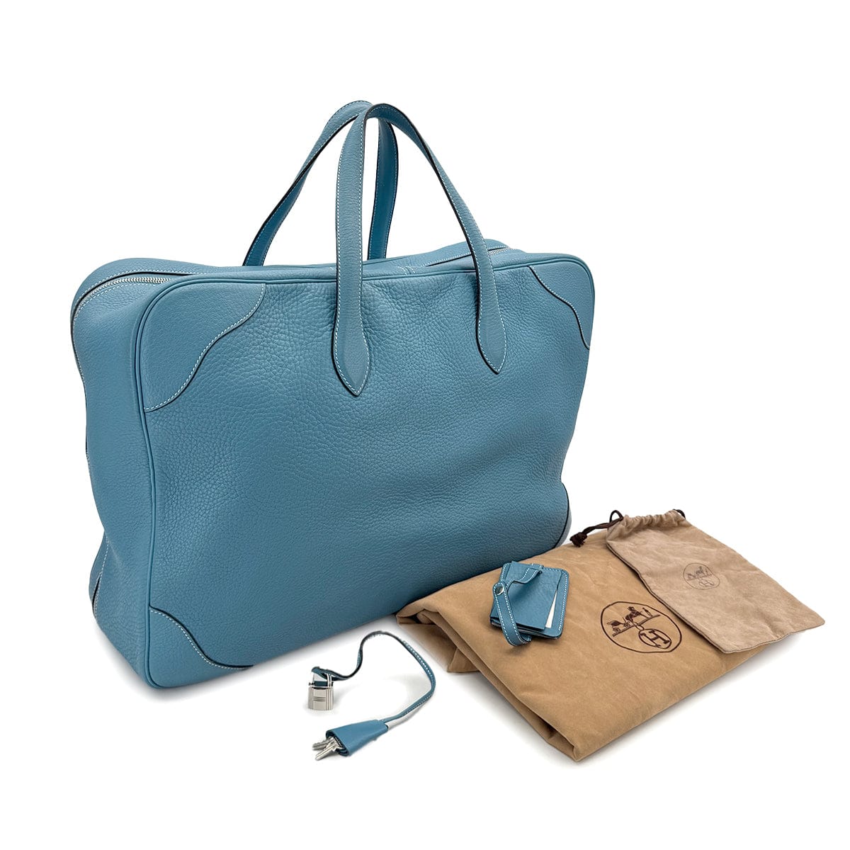 PURPOSE HERMES VICTORIA 50 BLUE JEAN TAURILLON CLEMENCE HAND BAG □C PALLADIUM HARDWARE 90310303
