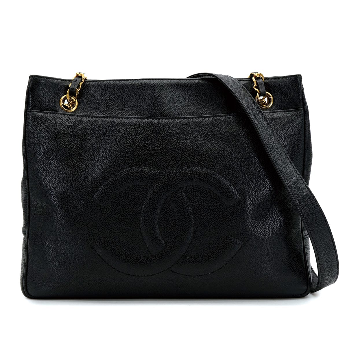 PURPOSE VINTAGE CHANEL BIG COCO CHAIN TOTE BAG BLACK LAMB SKIN GOLD HARDWARE 90317006