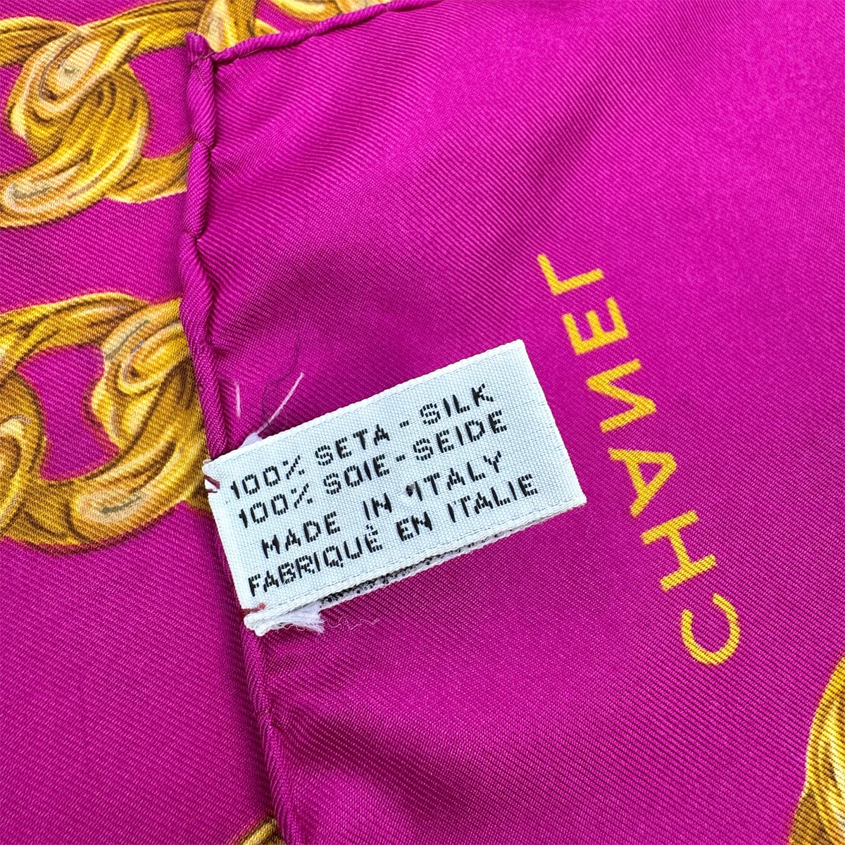 PURPOSE VINTAGE CHANEL CHAIN PATTERN SCARF PINK GOLD SILK 90322145