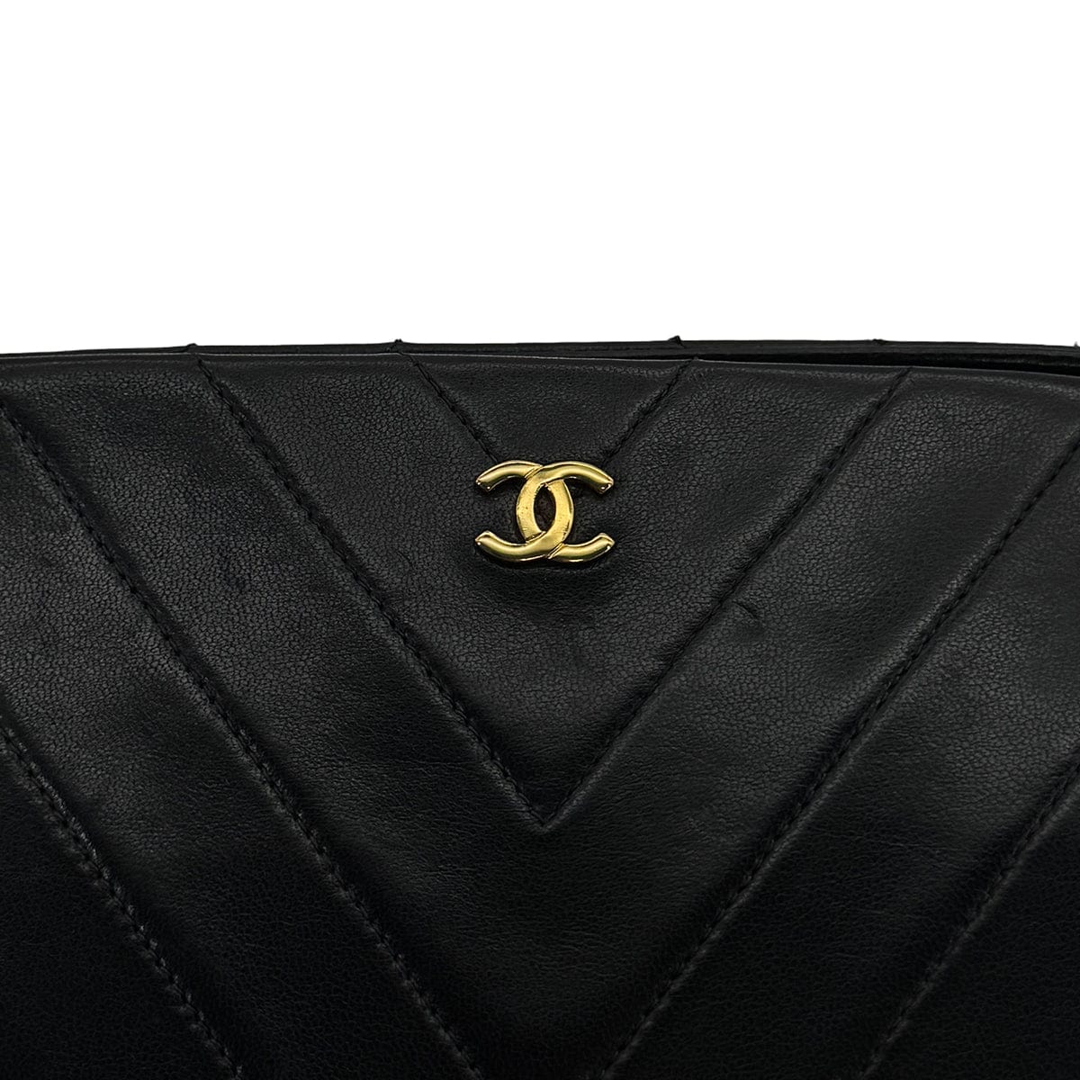 PURPOSE VINTAGE CHANEL CHEVRON V STITCH CHAIN SHUOLDER BAG BLACK LAMB SKIN GOLD HARDWARE 90317011