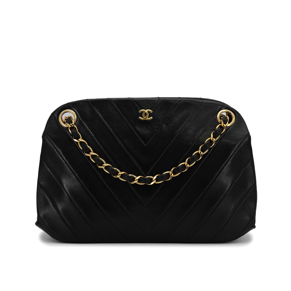 PURPOSE VINTAGE CHANEL CHEVRON V STITCH CHAIN SHUOLDER BAG BLACK LAMB SKIN GOLD HARDWARE 90317011