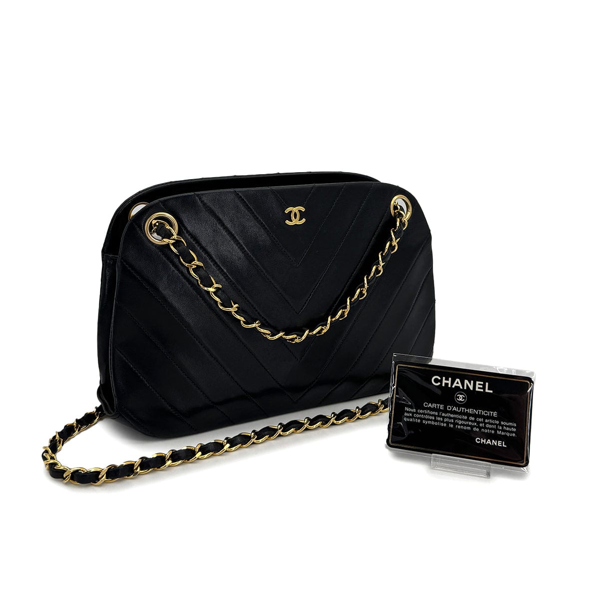 PURPOSE VINTAGE CHANEL CHEVRON V STITCH CHAIN SHUOLDER BAG BLACK LAMB SKIN GOLD HARDWARE 90317011
