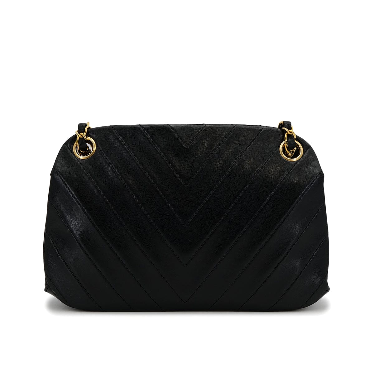 PURPOSE VINTAGE CHANEL CHEVRON V STITCH CHAIN SHUOLDER BAG BLACK LAMB SKIN GOLD HARDWARE 90317011