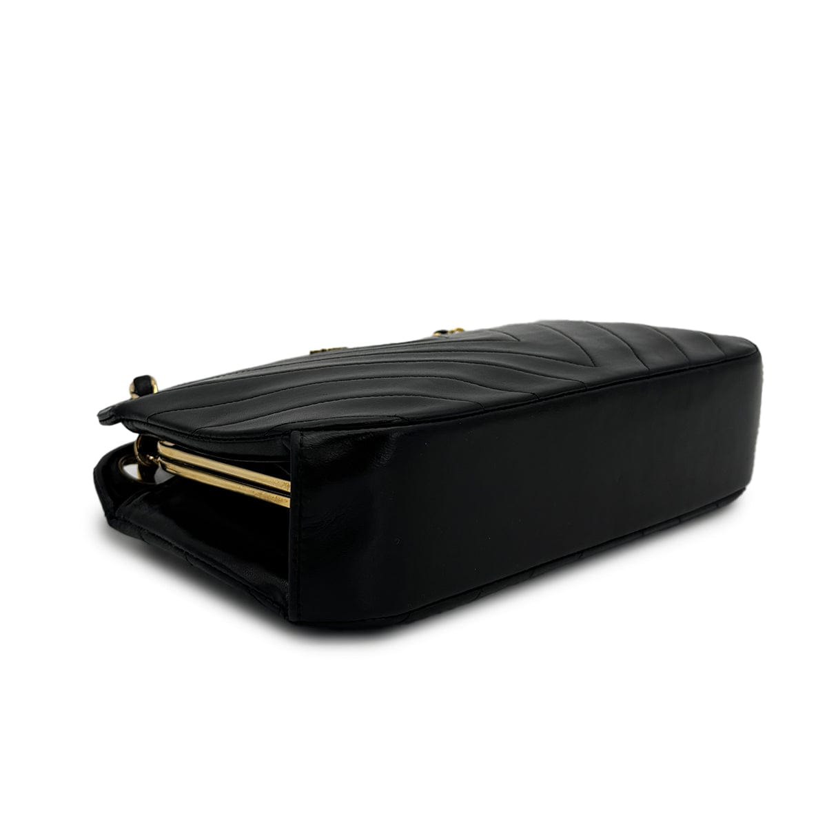PURPOSE VINTAGE CHANEL CHEVRON V STITCH CHAIN SHUOLDER BAG BLACK LAMB SKIN GOLD HARDWARE 90317011