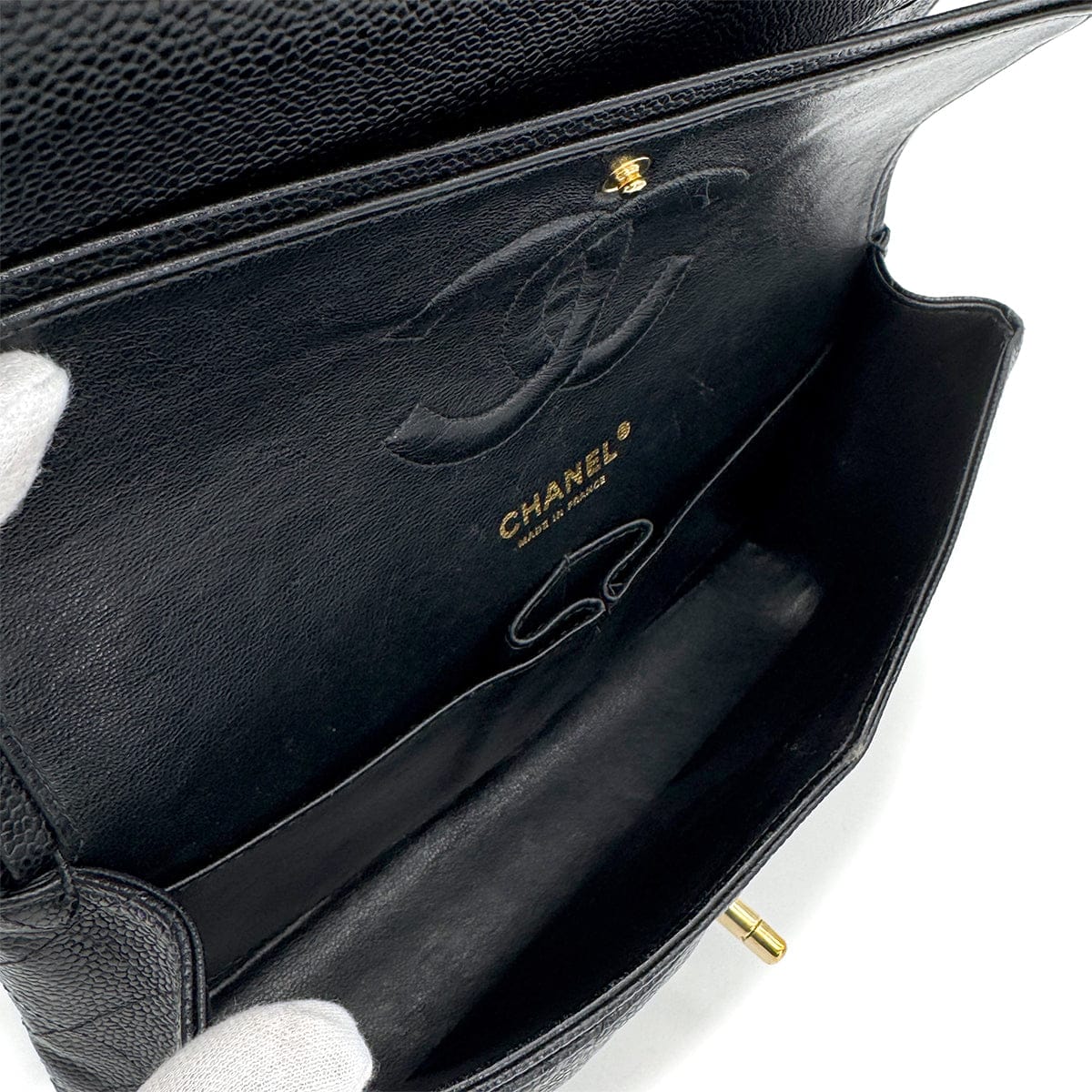 PURPOSE VINTAGE CHANEL CLASSIC FLAP MEDIUM CHAIN SHOULDER BAG BLACK CAVIAR SKIN GOLD HARDWARE 90318758