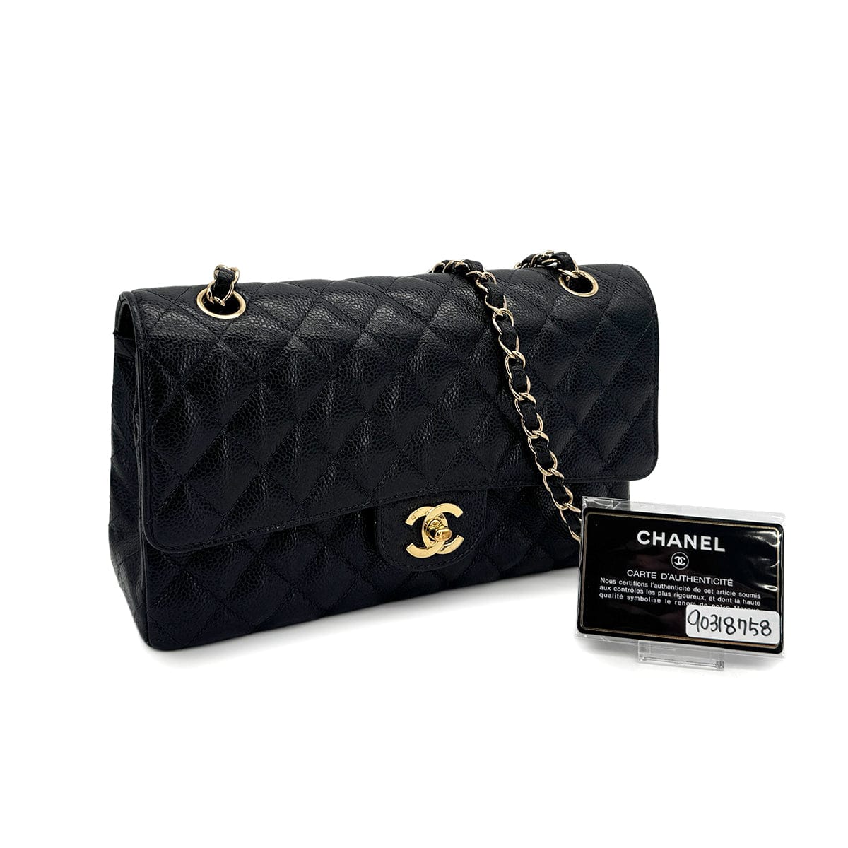 PURPOSE VINTAGE CHANEL CLASSIC FLAP MEDIUM CHAIN SHOULDER BAG BLACK CAVIAR SKIN GOLD HARDWARE 90318758