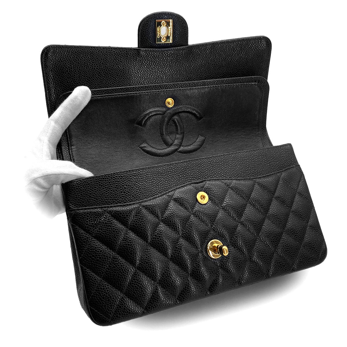 PURPOSE VINTAGE CHANEL CLASSIC FLAP MEDIUM CHAIN SHOULDER BAG BLACK CAVIAR SKIN GOLD HARDWARE 90327992