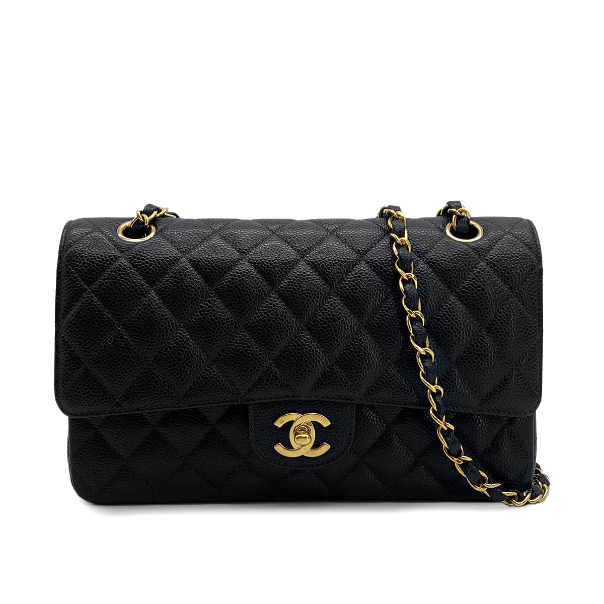 PURPOSE VINTAGE CHANEL CLASSIC FLAP MEDIUM CHAIN SHOULDER BAG BLACK CAVIAR SKIN GOLD HARDWARE 90327992