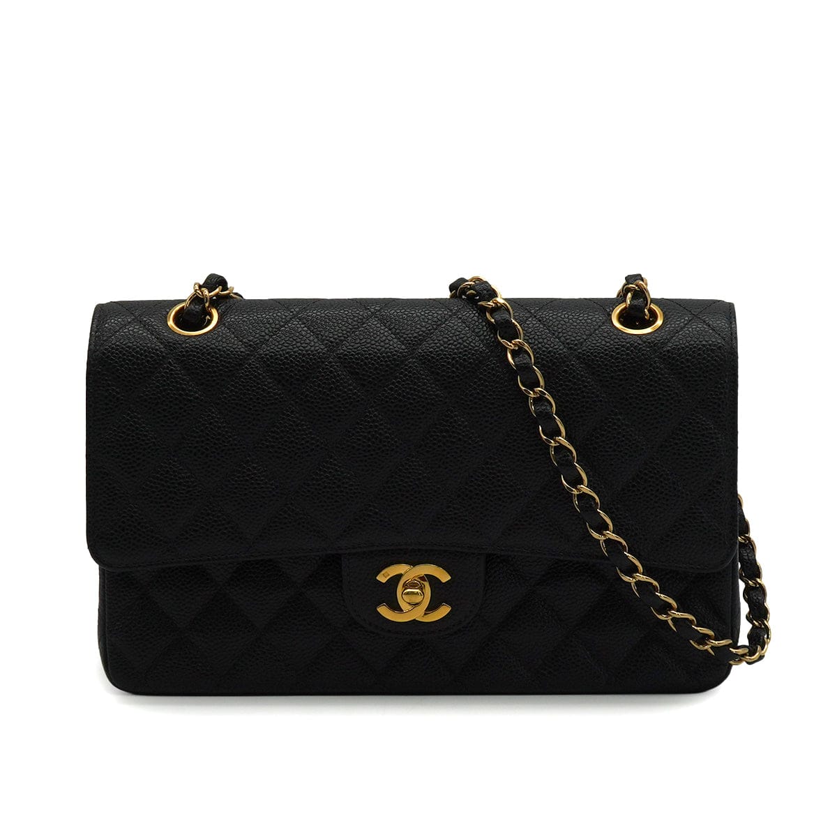 PURPOSE VINTAGE CHANEL CLASSIC FLAP MEDIUM CHAIN SHOULDER BAG BLACK CAVIAR SKIN GOLD HARDWARE 90341880