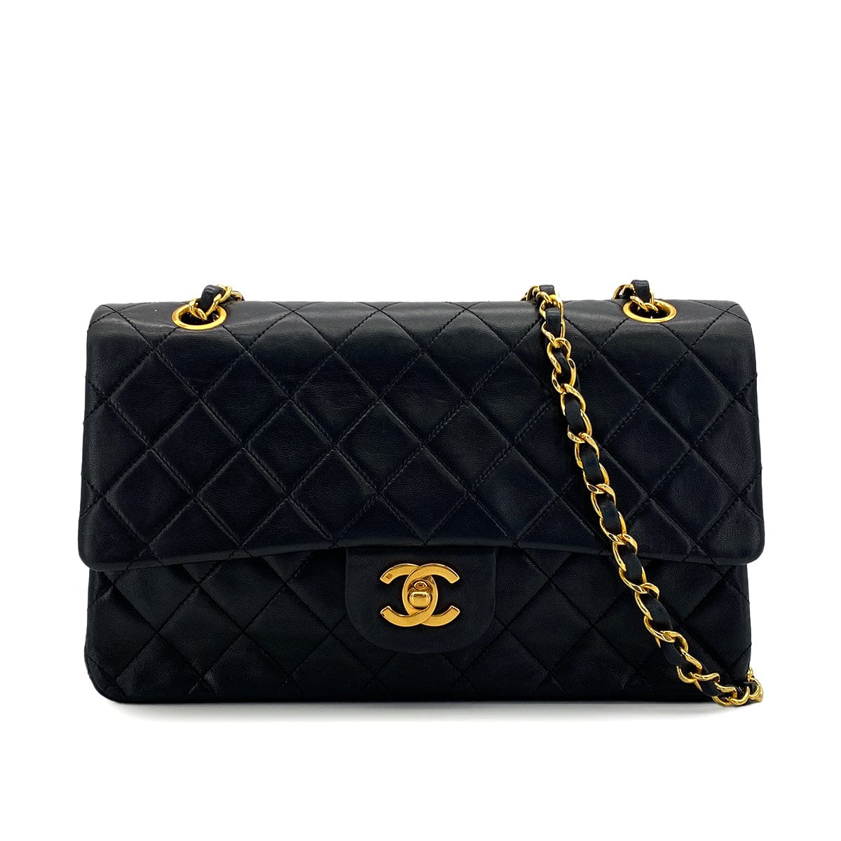PURPOSE VINTAGE CHANEL CLASSIC FLAP MEDIUM CHAIN SHOULDER BAG BLACK LAMB SKIN GOLD HARDWARE 90324635