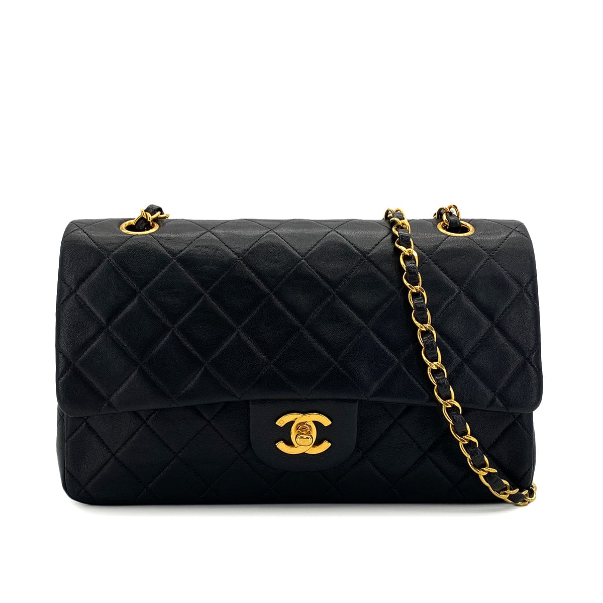 PURPOSE VINTAGE CHANEL CLASSIC FLAP MEDIUM CHAIN SHOULDER BAG BLACK LAMB SKIN GOLD HARDWARE 90325600