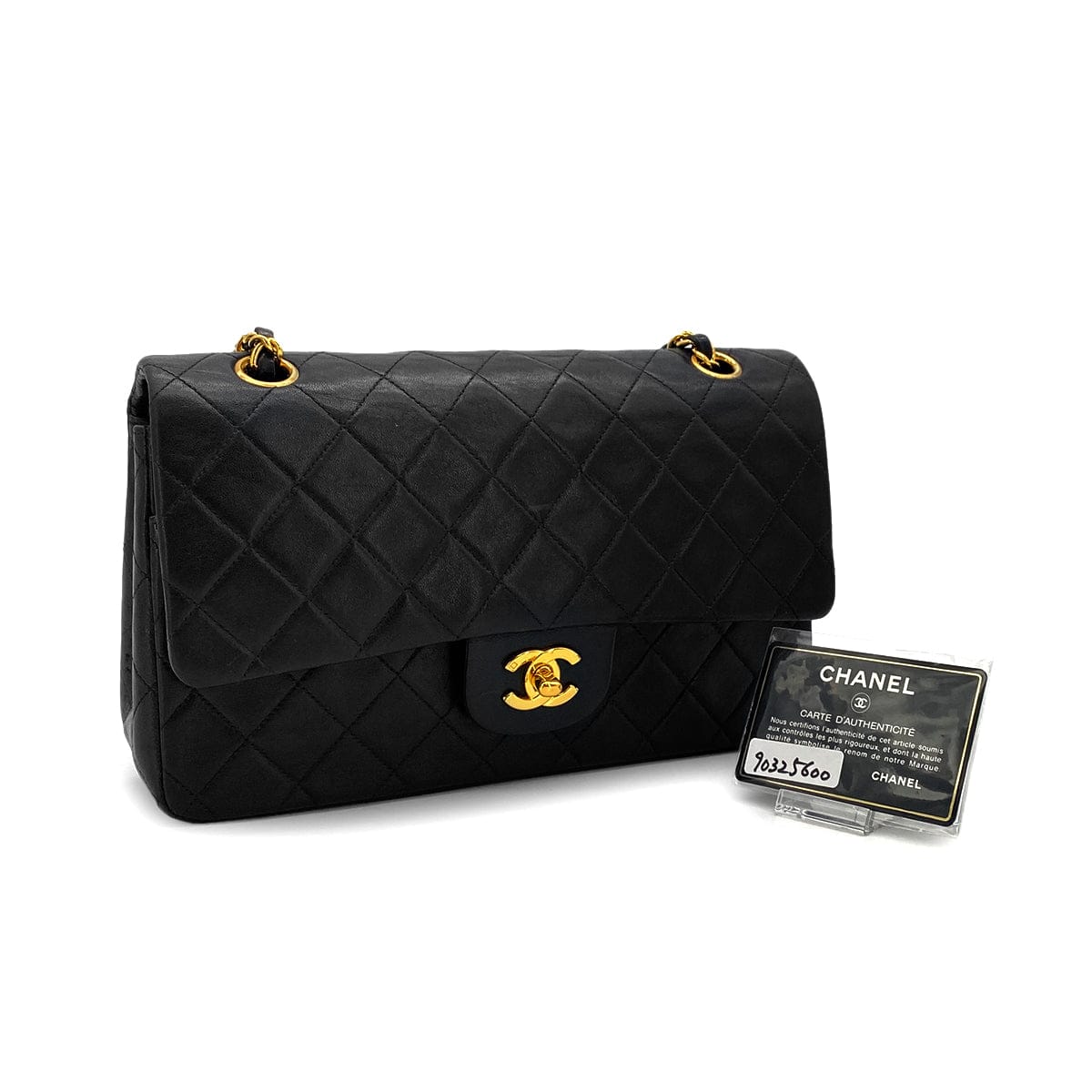 PURPOSE VINTAGE CHANEL CLASSIC FLAP MEDIUM CHAIN SHOULDER BAG BLACK LAMB SKIN GOLD HARDWARE 90325600