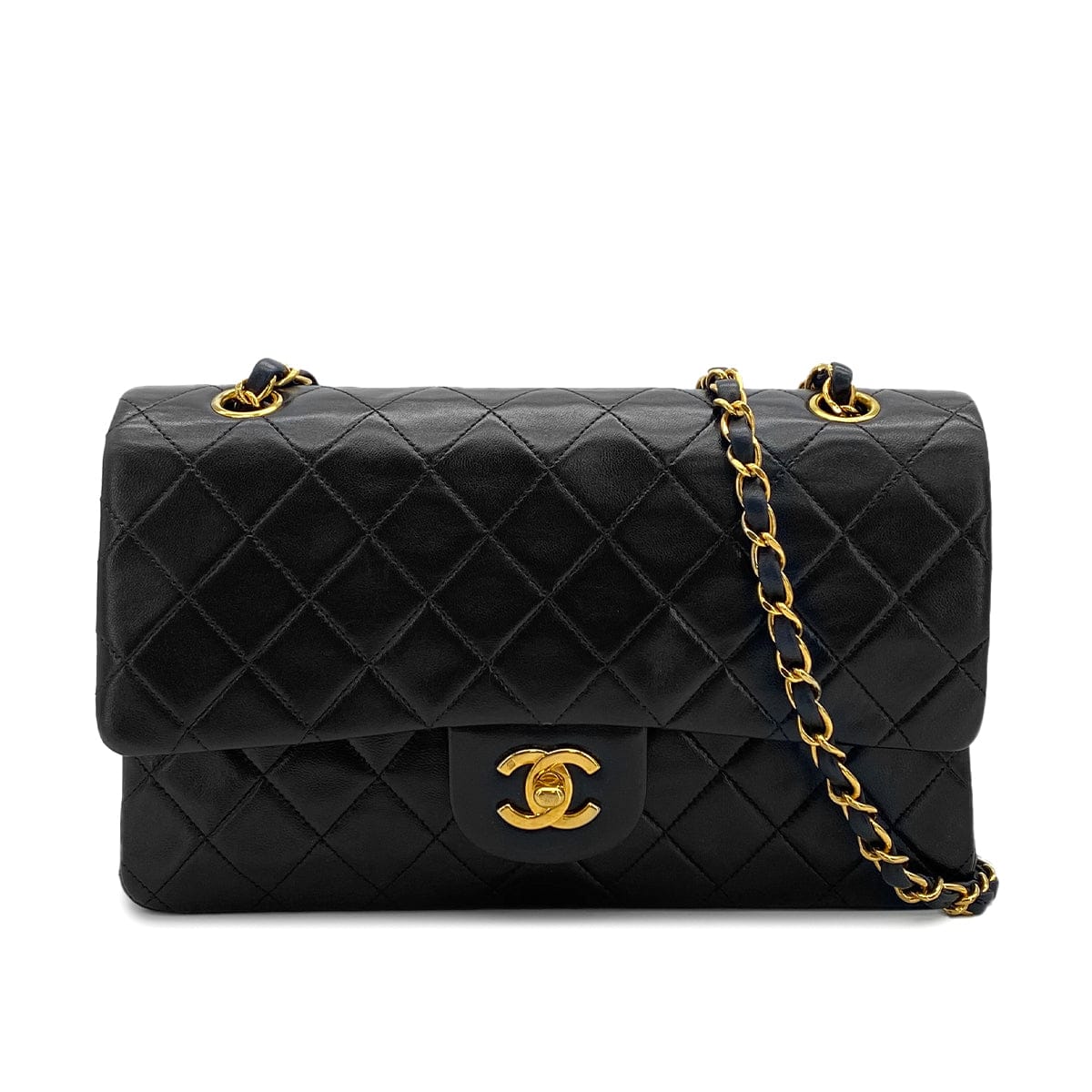 PURPOSE VINTAGE CHANEL CLASSIC FLAP MEDIUM CHAIN SHOULDER BAG BLACK LAMB SKIN GOLD HARDWARE 90326659