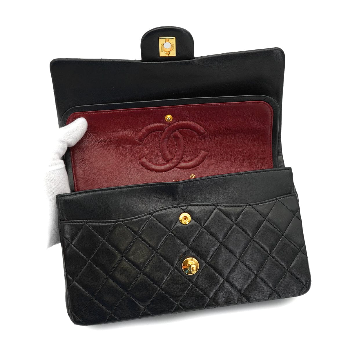 PURPOSE VINTAGE CHANEL CLASSIC FLAP MEDIUM CHAIN SHOULDER BAG BLACK LAMB SKIN GOLD HARDWARE 90327056