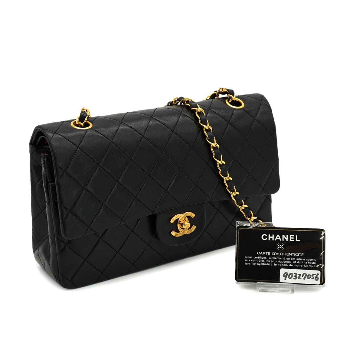 PURPOSE VINTAGE CHANEL CLASSIC FLAP MEDIUM CHAIN SHOULDER BAG BLACK LAMB SKIN GOLD HARDWARE 90327056