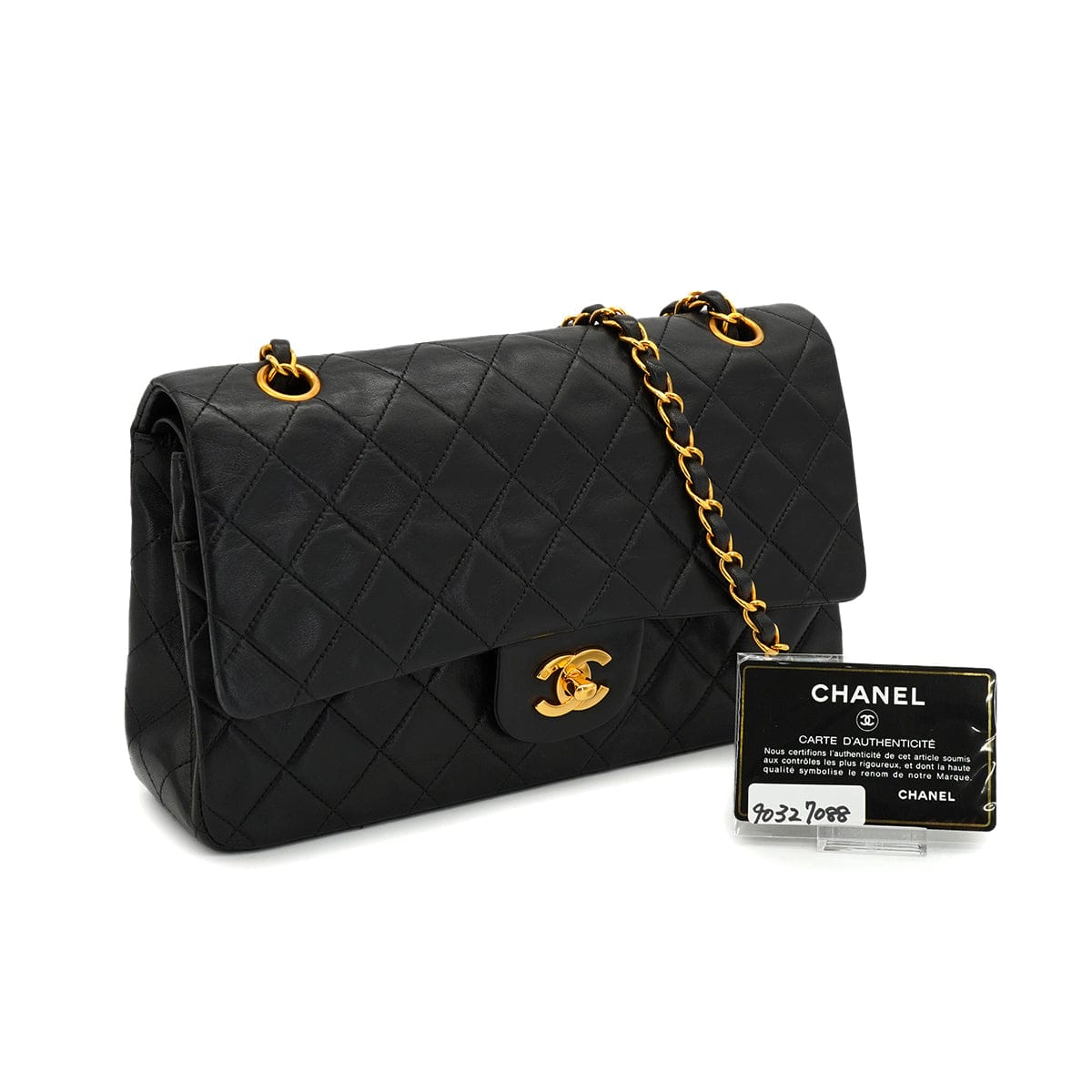 PURPOSE VINTAGE CHANEL CLASSIC FLAP MEDIUM CHAIN SHOULDER BAG BLACK LAMB SKIN GOLD HARDWARE 90327088