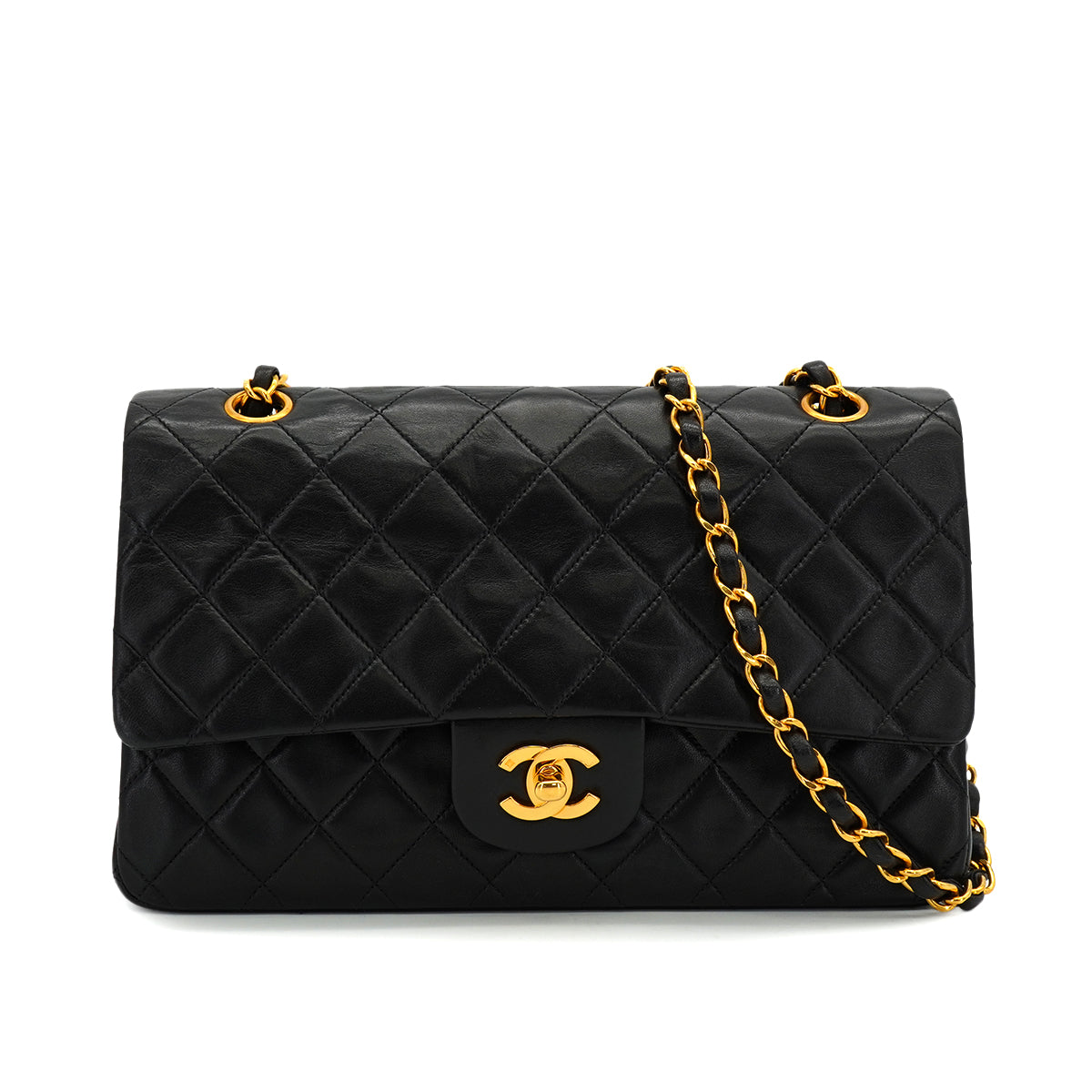 PURPOSE VINTAGE CHANEL CLASSIC FLAP MEDIUM CHAIN SHOULDER BAG BLACK LAMB SKIN GOLD HARDWARE 90327088