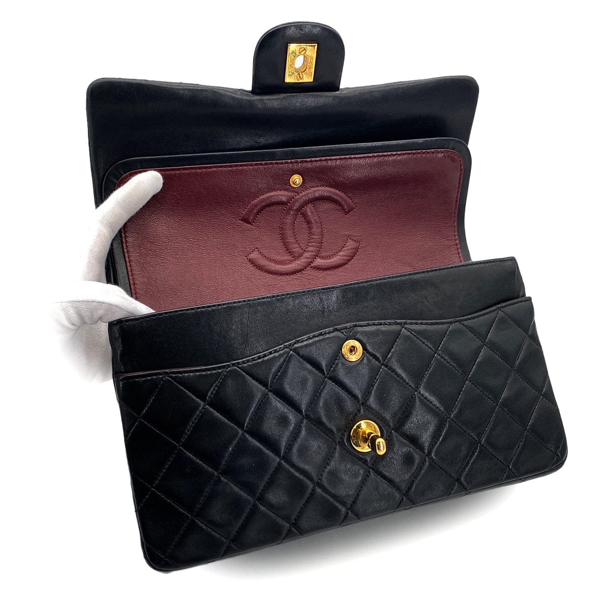 PURPOSE VINTAGE CHANEL CLASSIC FLAP MEDIUM CHAIN SHOULDER BAG BLACK LAMB SKIN GOLD HARDWARE 90327151
