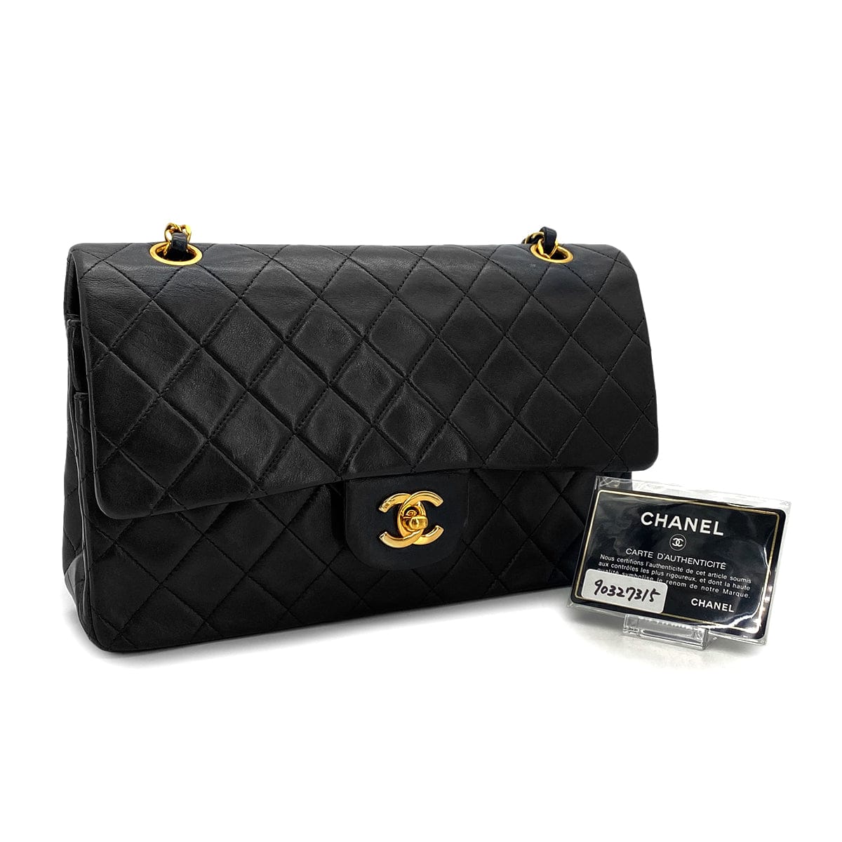 PURPOSE VINTAGE CHANEL CLASSIC FLAP MEDIUM CHAIN SHOULDER BAG BLACK LAMB SKIN GOLD HARDWARE 90327315