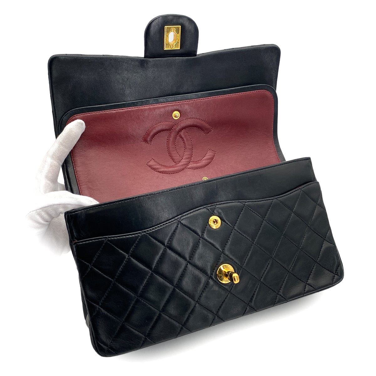 PURPOSE VINTAGE CHANEL CLASSIC FLAP MEDIUM CHAIN SHOULDER BAG BLACK LAMB SKIN GOLD HARDWARE 90327315