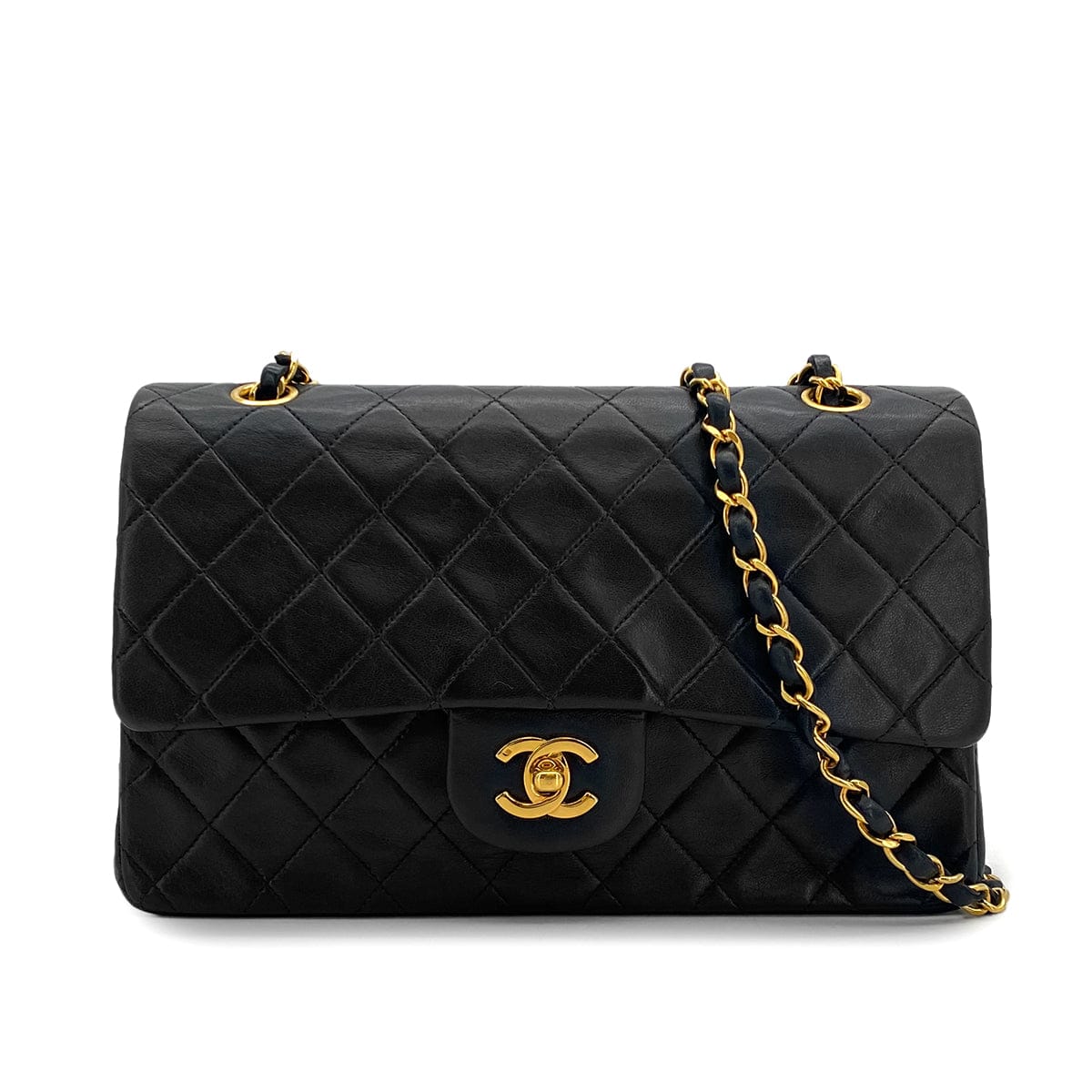 PURPOSE VINTAGE CHANEL CLASSIC FLAP MEDIUM CHAIN SHOULDER BAG BLACK LAMB SKIN GOLD HARDWARE 90327315
