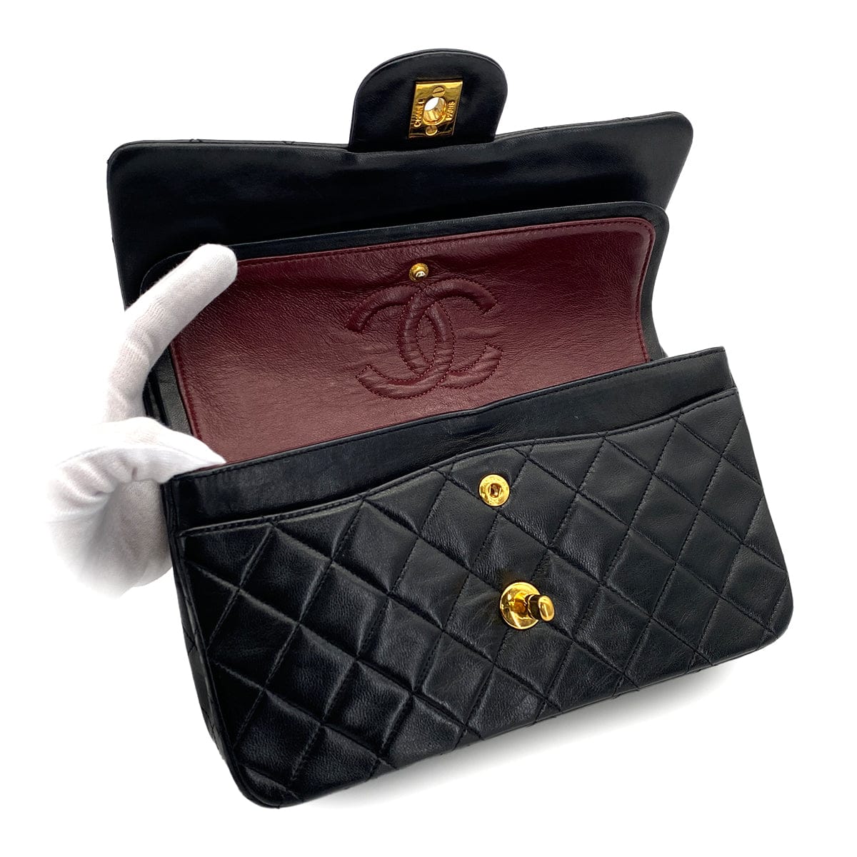 PURPOSE VINTAGE CHANEL CLASSIC FLAP SMALL CHAIN SHOULDER BAG BLACK LAMB SKIN GOLD HARDWARE 90322293