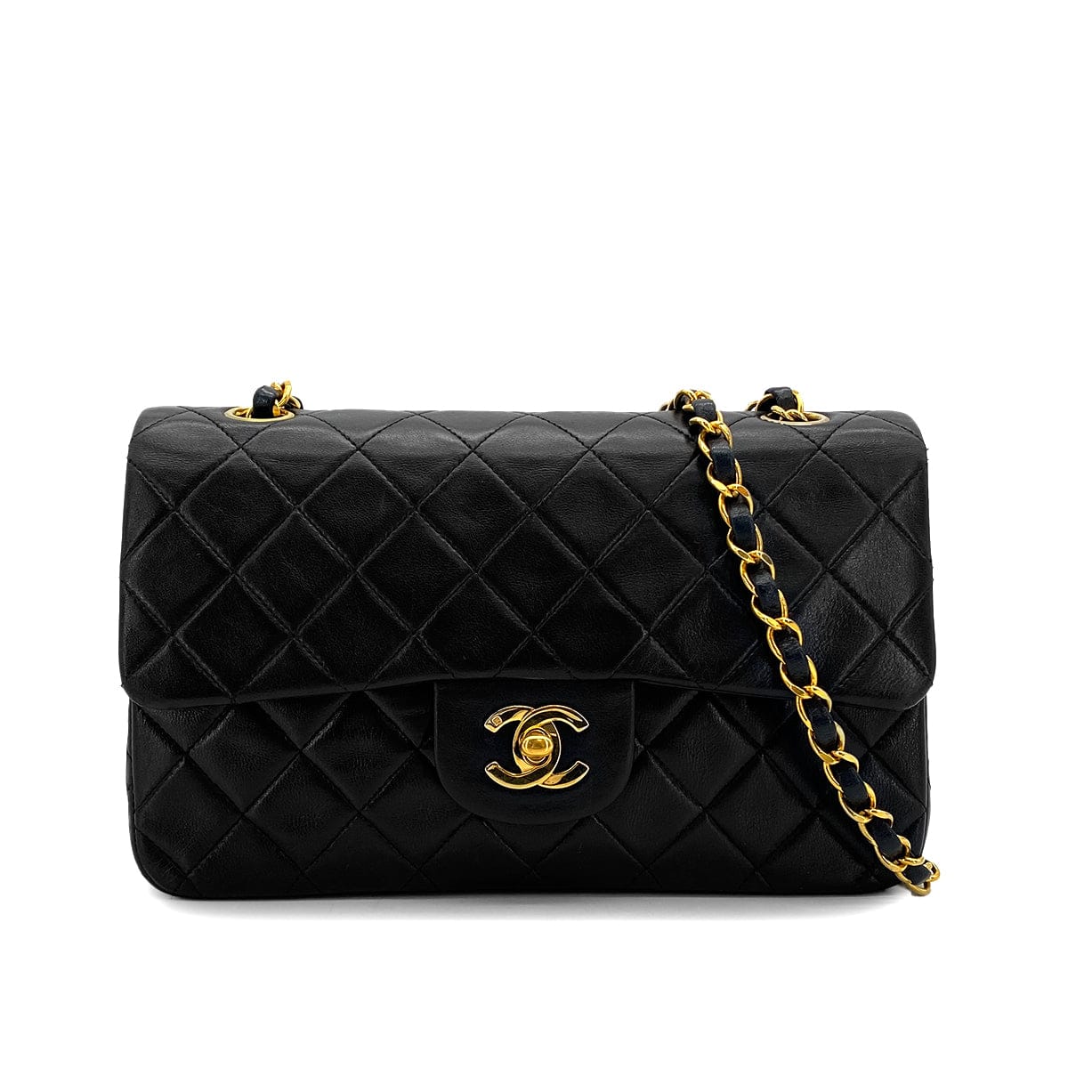 PURPOSE VINTAGE CHANEL CLASSIC FLAP SMALL CHAIN SHOULDER BAG BLACK LAMB SKIN GOLD HARDWARE 90322293