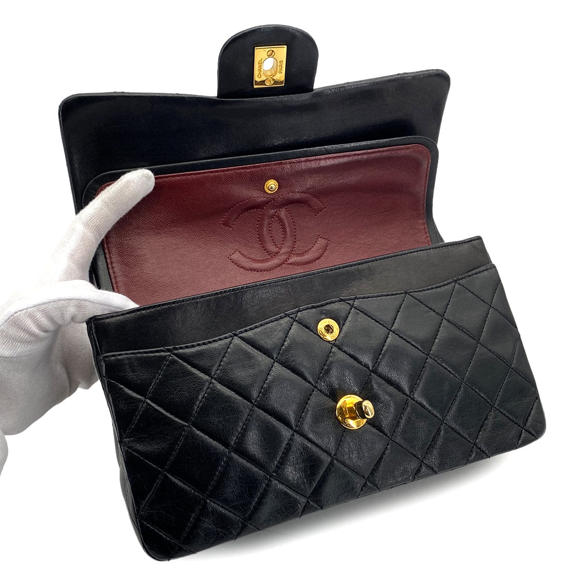 PURPOSE VINTAGE CHANEL CLASSIC FLAP SMALL CHAIN SHOULDER BAG BLACK LAMB SKIN GOLD HARDWARE 90327149