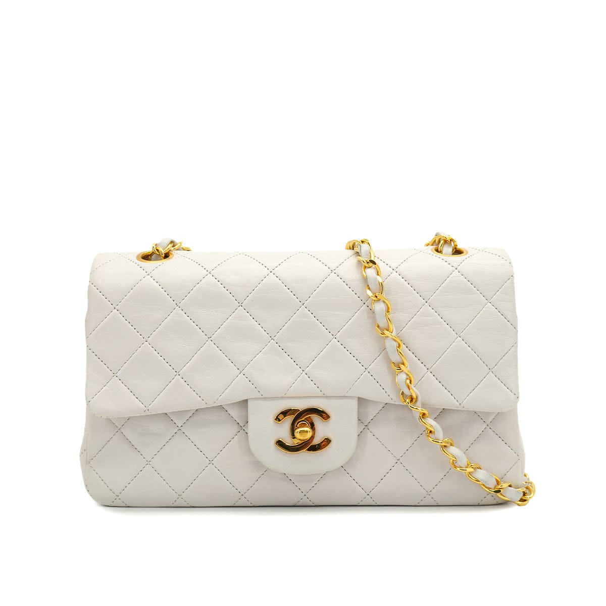 PURPOSE VINTAGE CHANEL CLASSIC FLAP SMALL CHAIN SHOULDER BAG WHITE LAMB SKIN GOLD HARDWARE 90327083