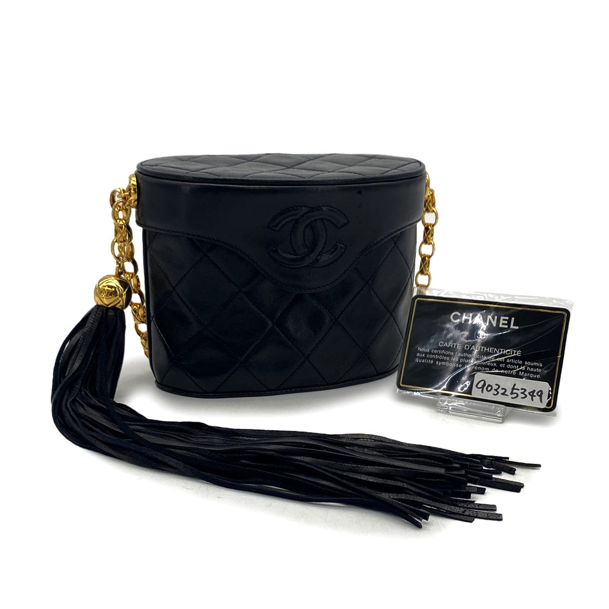 PURPOSE VINTAGE CHANEL COCOMARK FRINGE BIJOU CHAIN SHUOLDER BAG BLACK LAMB SKIN GOLD HARDWARE 90325349