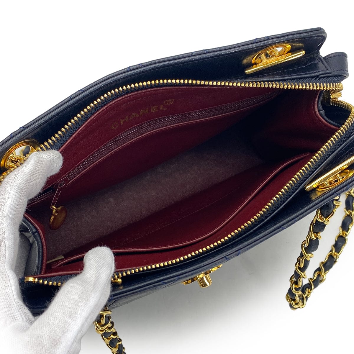 PURPOSE VINTAGE CHANEL COCOMARK MATELASSE CHAIN SHOULDER BAG NAVY LAMB SKIN GOLD HARDWARE 90326854