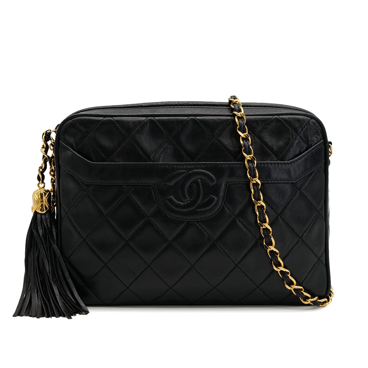 PURPOSE VINTAGE CHANEL COCOMARK MATELASSE FRINGE CHAIN SHUOLDER BAG BLACK LAMB SKIN GOLD HARDWARE 90321008