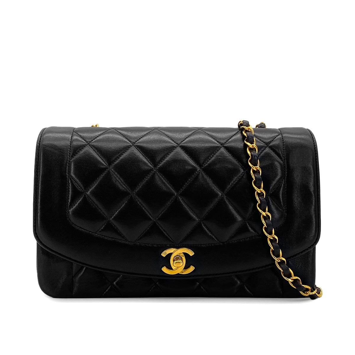 PURPOSE VINTAGE CHANEL DIANA MEDIUM CHAIN SHOULDER BAG BLACK LAMB SKIN GOLD HARDWARE 90321150