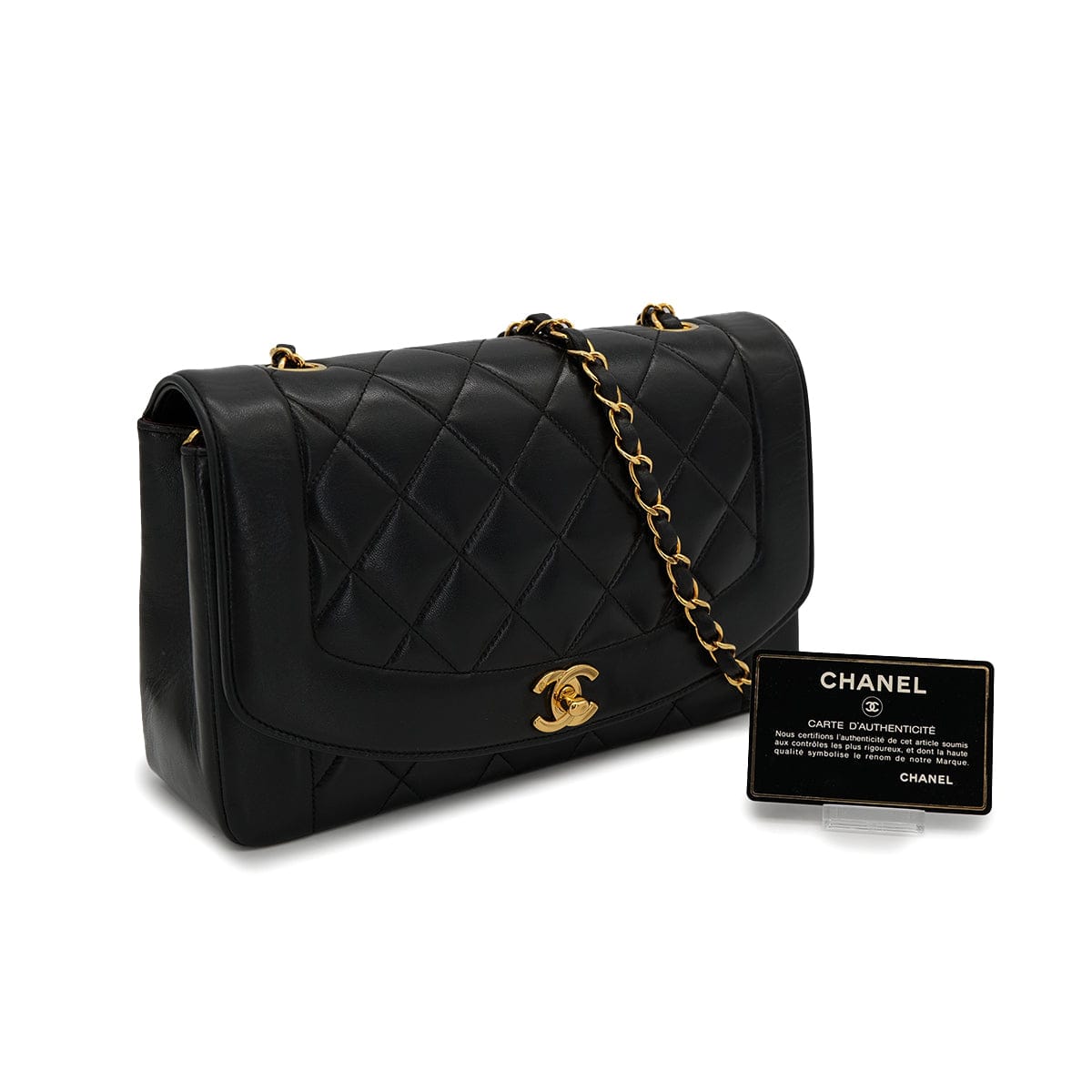 PURPOSE VINTAGE CHANEL DIANA MEDIUM CHAIN SHOULDER BAG BLACK LAMB SKIN GOLD HARDWARE 90322173