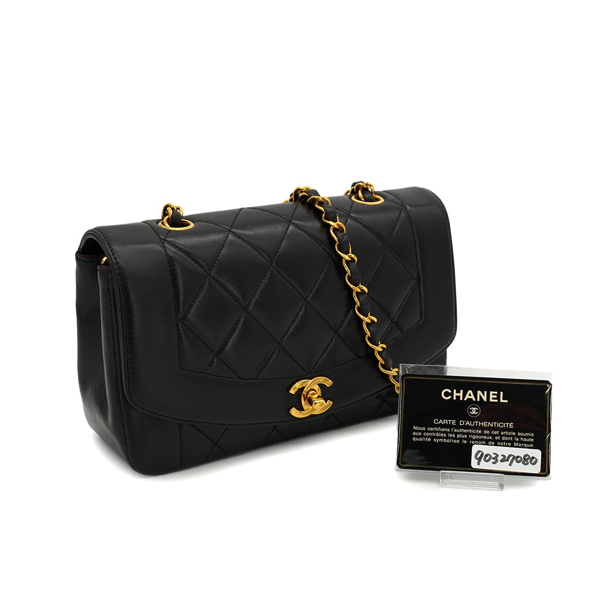 PURPOSE VINTAGE CHANEL DIANA SMALL CHAIN SHOULDER BAG BLACK LAMB SKIN GOLD HARDWARE 90327080