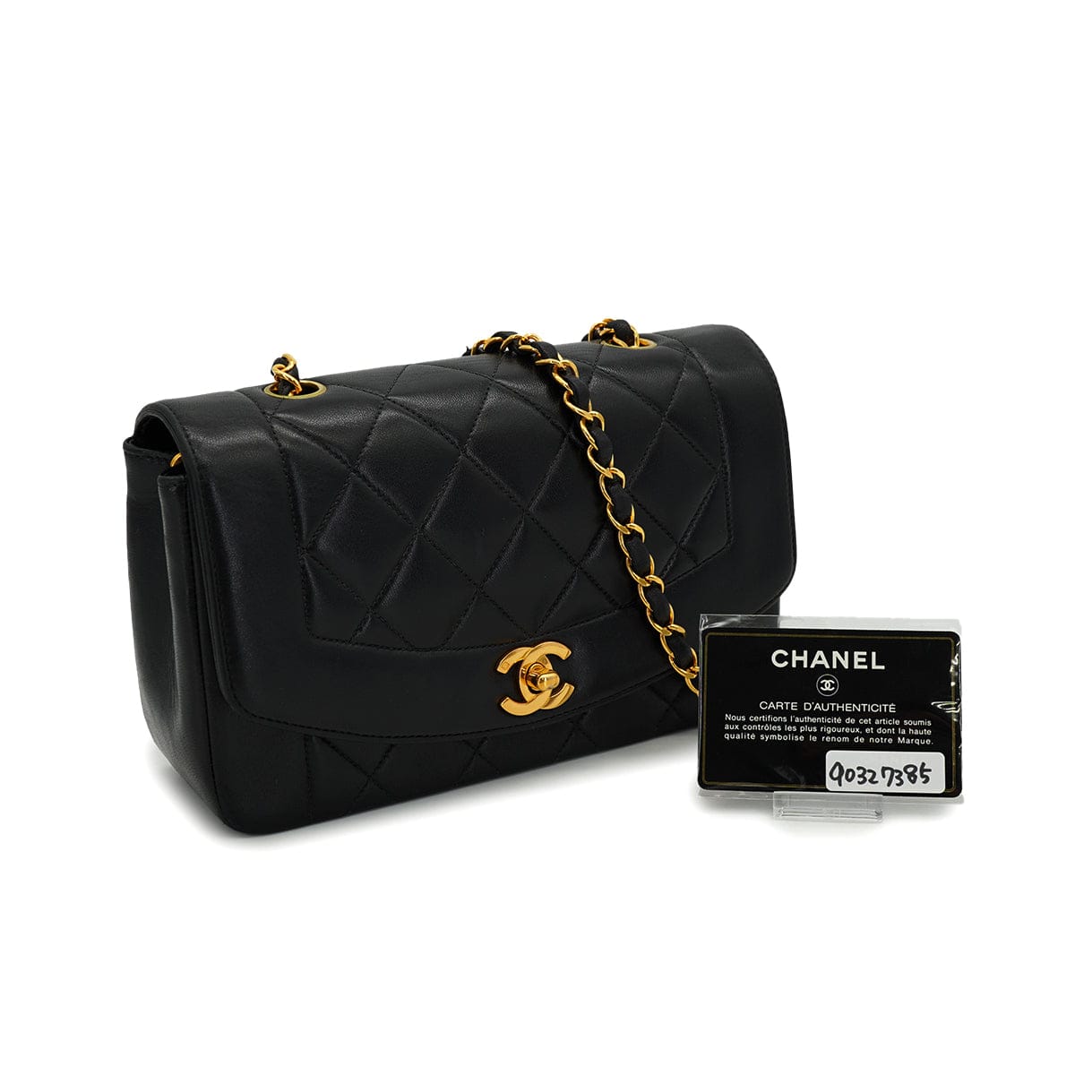 PURPOSE VINTAGE CHANEL DIANA SMALL CHAIN SHOULDER BAG BLACK LAMB SKIN GOLD HARDWARE 90327385