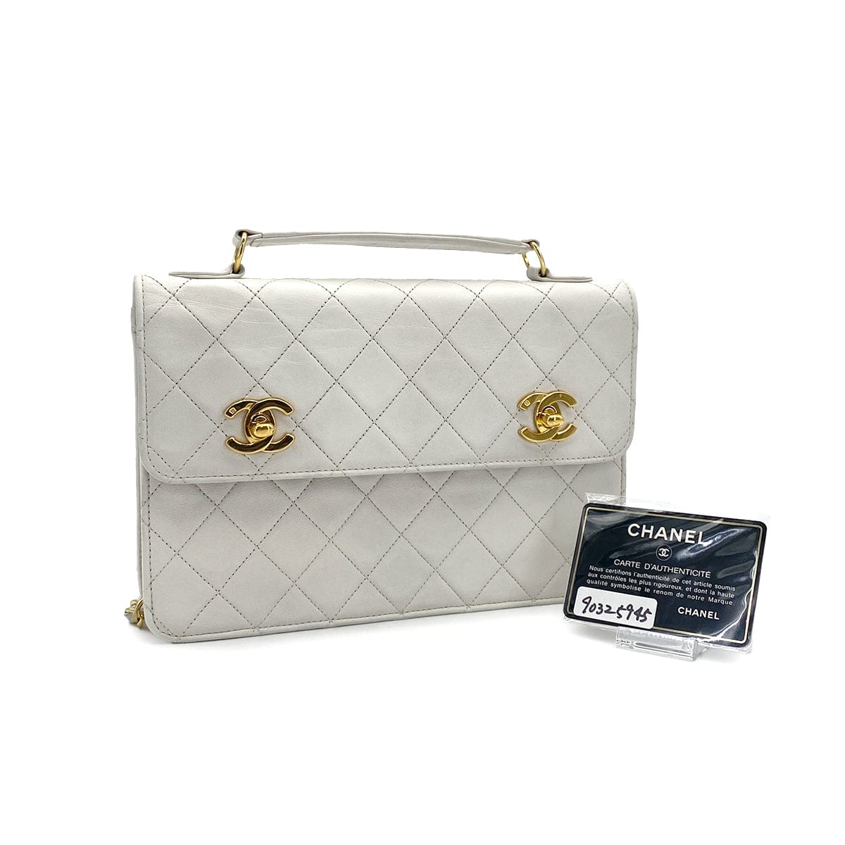 PURPOSE VINTAGE CHANEL DOUBLE TURN LOCK MATELASSE CHAIN SHOULDER HAND BAG WHITE LAMB SKIN GOLD HARDWARE 90325945
