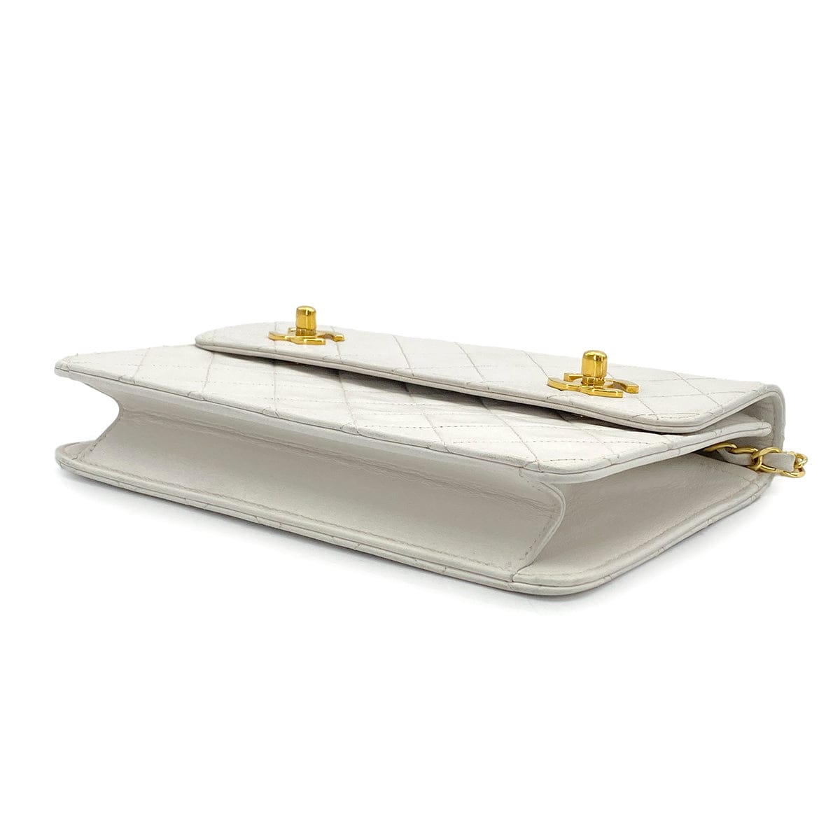 PURPOSE VINTAGE CHANEL DOUBLE TURN LOCK MATELASSE CHAIN SHOULDER HAND BAG WHITE LAMB SKIN GOLD HARDWARE 90325945