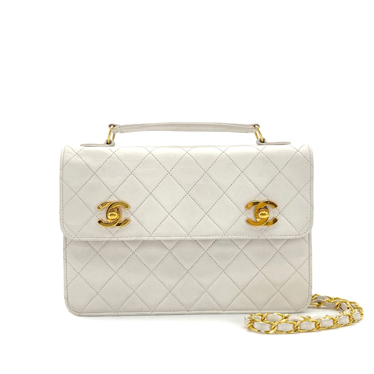 PURPOSE VINTAGE CHANEL DOUBLE TURN LOCK MATELASSE CHAIN SHOULDER HAND BAG WHITE LAMB SKIN GOLD HARDWARE 90325945
